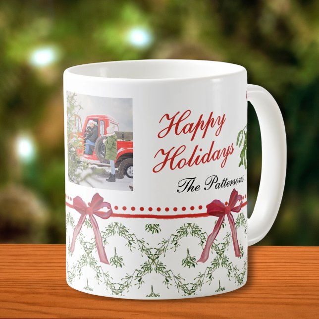Mug Joyeuses vacances Mistletoe Red Bow Family Photo (Créateur téléchargé)