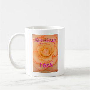 Mug Joyeux 16e anniversaire Fleur Jaune avec Trim Rose