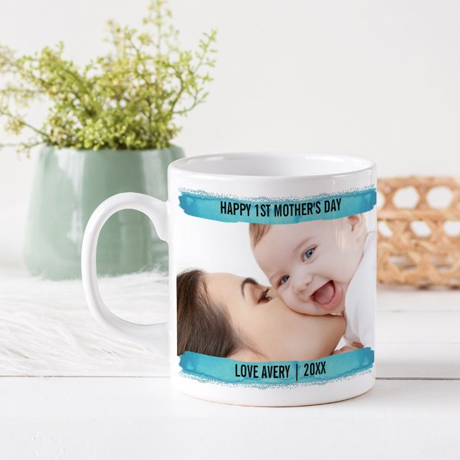 Mug Joyeux 1ère Fête des mères 2 Photo Aqua Brushstrok (Créateur téléchargé)