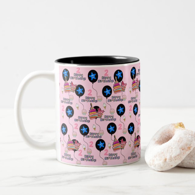Mug Joyeux 2ème Anniversaire  Ballons #2 Rose (Avec donut)