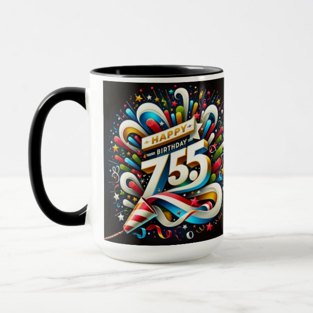 Mug Joyeux 75e anniversaire 2025 Mug, Confetti Célébra (Gauche)