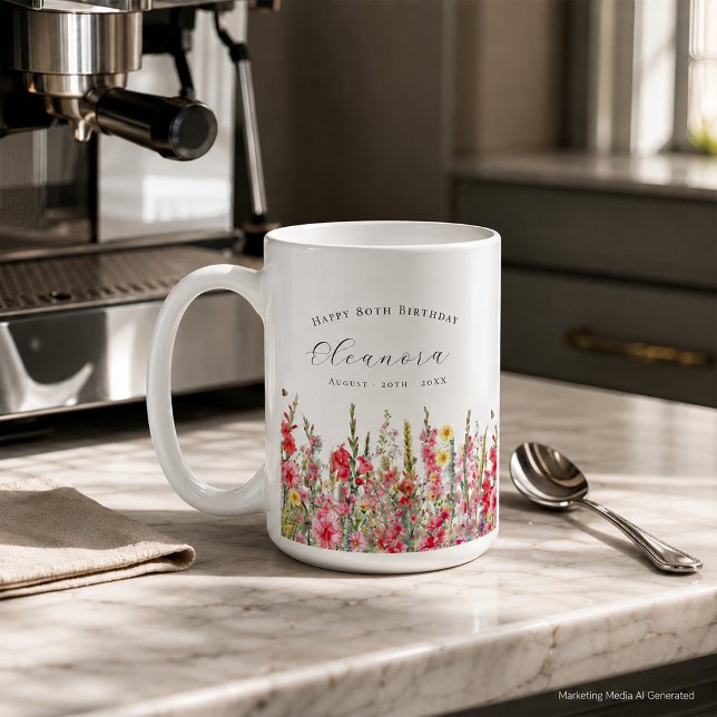 Mug Joyeux Anniversaire 80 ans Fleur de Naissance d'Ao (Créateur téléchargé)