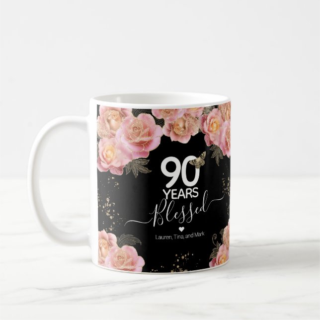 Mug Joyeux anniversaire 90 ans béni café rose floral (Gauche)