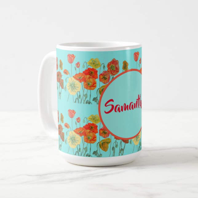 Mug Joyeux Anniversaire aqua Orange Poppy Womans Nom M (Devant gauche)