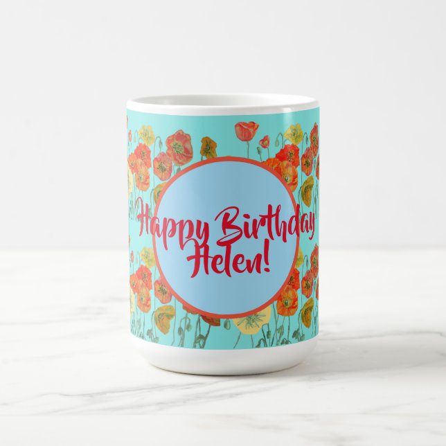 Mug Joyeux Anniversaire aqua Orange Poppy Womans Nom M (Centre)