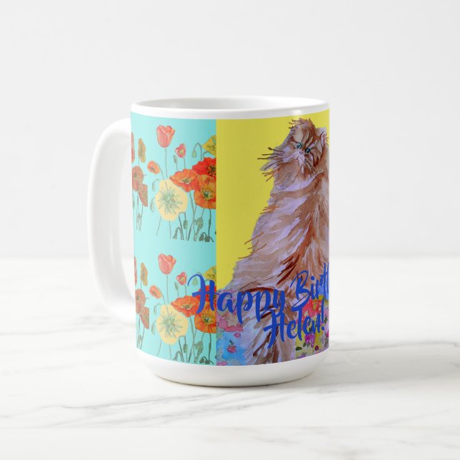 Mug Joyeux Anniversaire Chat Orange Poppy Femmes Nom M (Devant gauche)