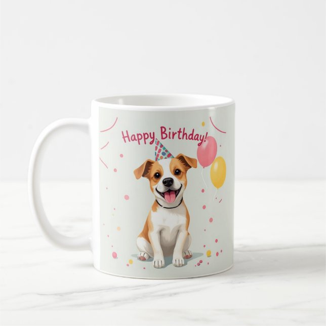 Mug Joyeux Anniversaire Chien avec Chapeau de Fête et  (Gauche)