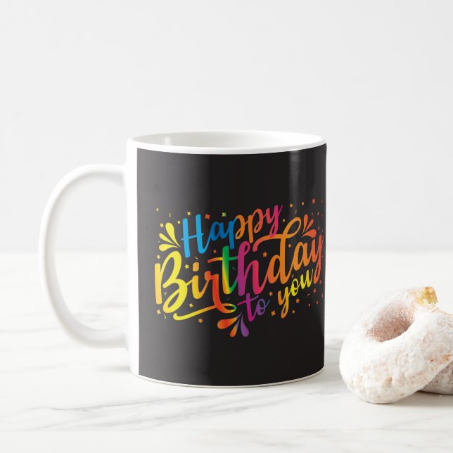 Mug Joyeux anniversaire - couleurs arc-en-ciel Anniver (Avec donut)