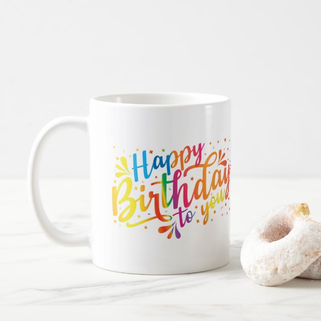 Mug Joyeux anniversaire - couleurs arc-en-ciel Anniver (Avec donut)
