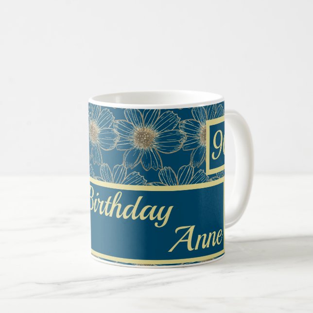 Mug Joyeux anniversaire Floral or Turquoise design (Devant droit)