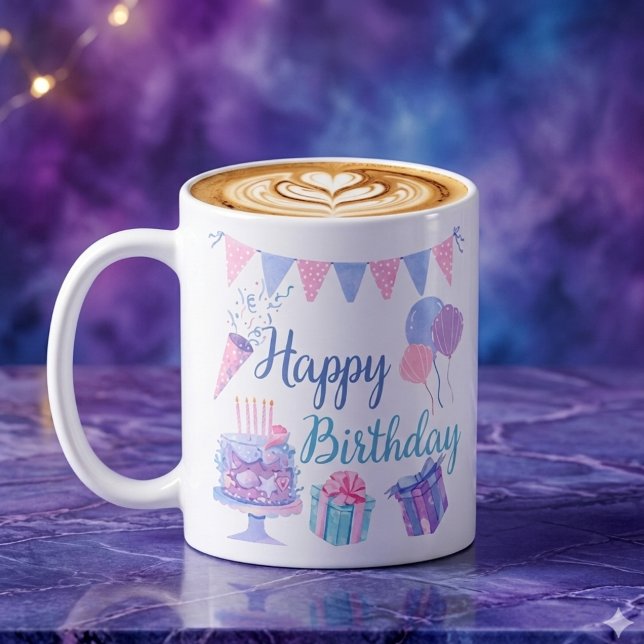 Mug Joyeux Anniversaire – Gâteau et Ballons Inspirés d (Blue and purple birthday ceramic mug)
