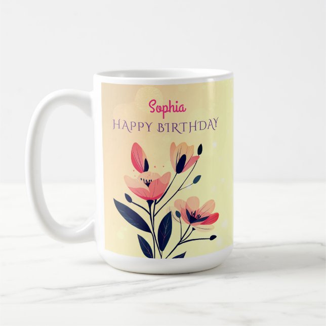 Mug Joyeux Anniversaire, Nom, Fleurs sur Fond Doré Dég (Gauche)