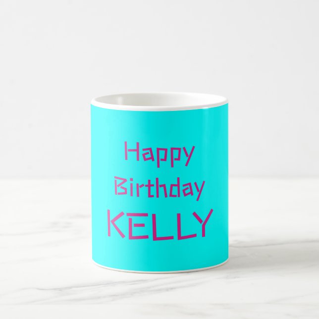 Mug Joyeux Anniversaire Nom rose turquoise (Centre)