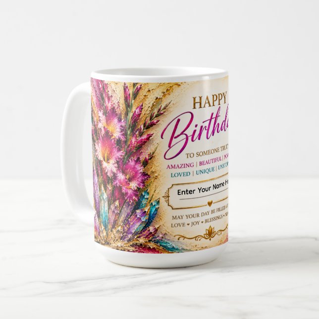 Mug Joyeux Anniversaire Personnalisé™ Fleur de Naissan (Devant gauche)