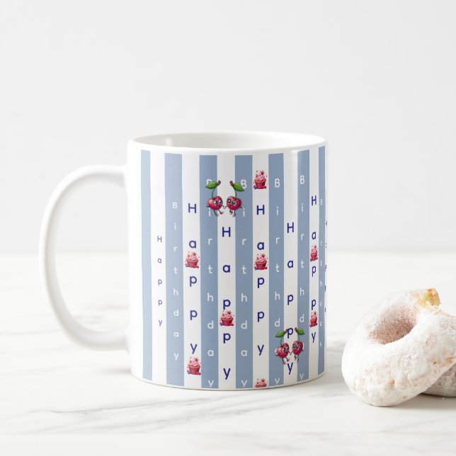 Mug Joyeux Anniversaire Rayure Bleue & Blanche  (Avec donut)