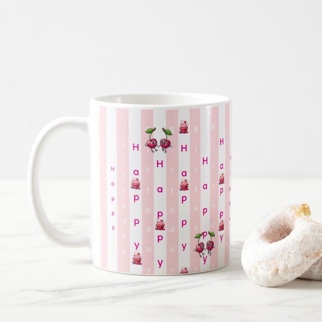 Mug Joyeux Anniversaire Rayure Rose et Blanche (Avec donut)