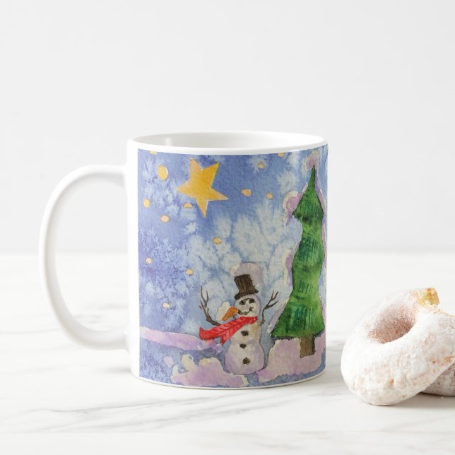 Mug Joyeux Arbre De Noël Et Aquarelle De Snowman Froid (Avec donut)