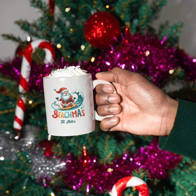 Mug Joyeux Beachmas Père Noël Surfing Retro Design (Créateur téléchargé)