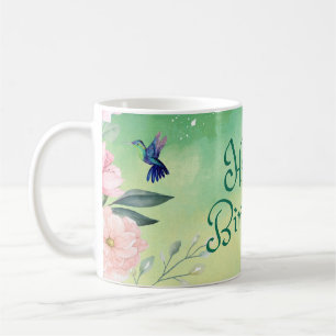 Mug Joyeux Bleu d'anniversaire, Fleurs d'aquarelle ros