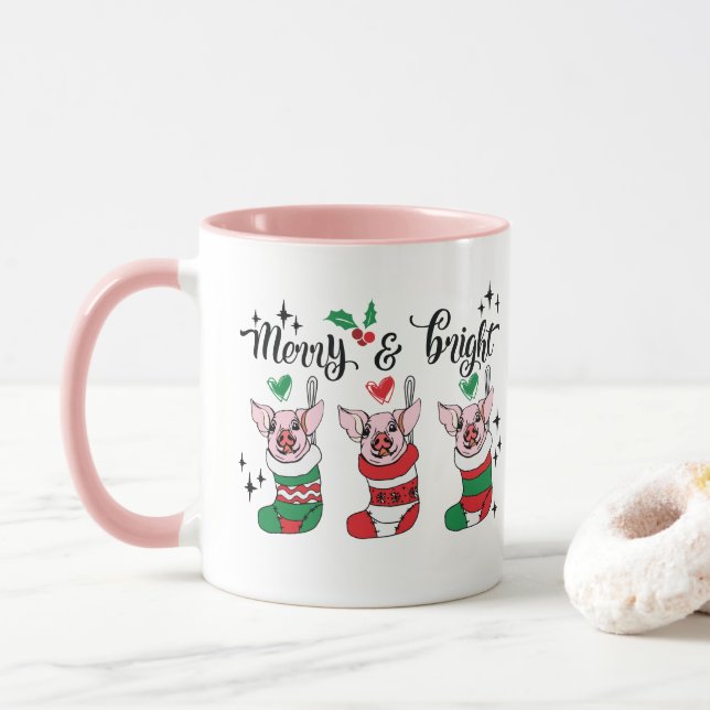 Mug Joyeux Bright ajouter monogramme porc Noël (Avec donut)