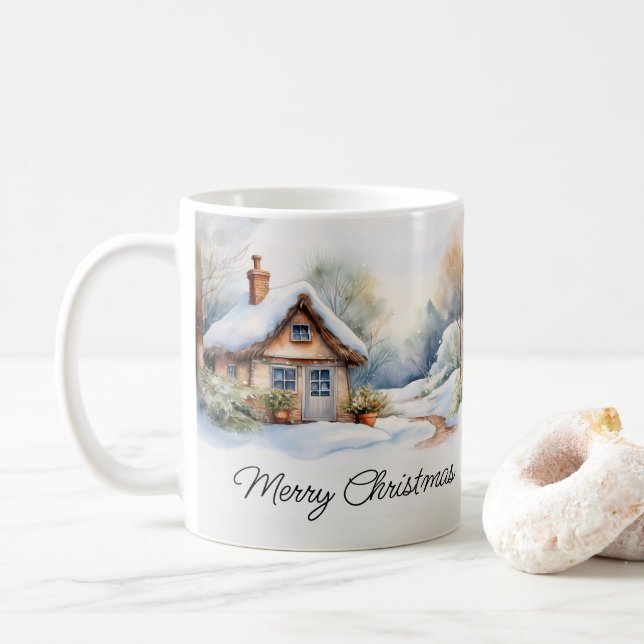 Mug Joyeux Cabine de Noël dans un paysage enneigé (Avec donut)