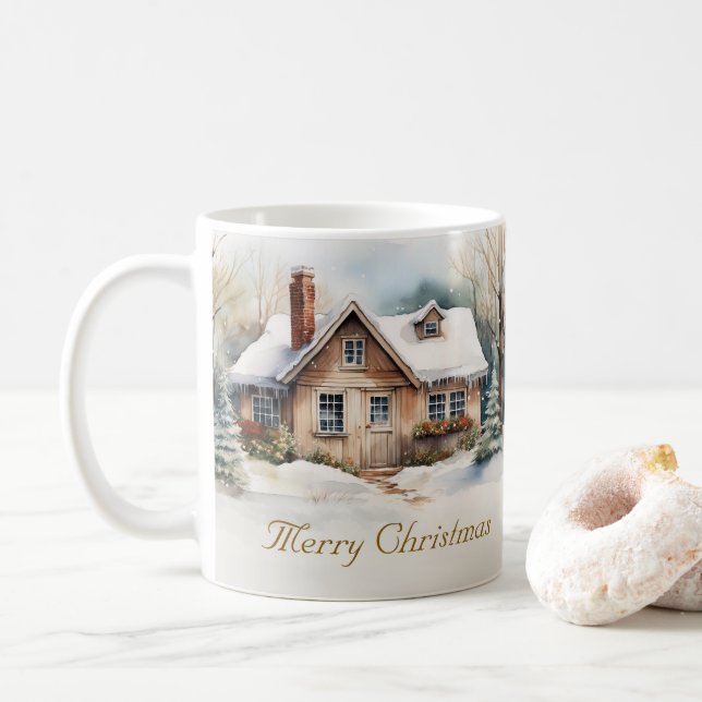 Mug Joyeux Cabine de Noël dans un paysage enneigé (Avec donut)