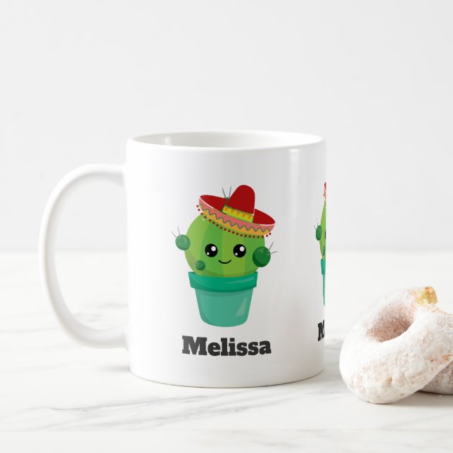 Mug Joyeux cactus ronds portant un Sombrero Rouge (Avec donut)