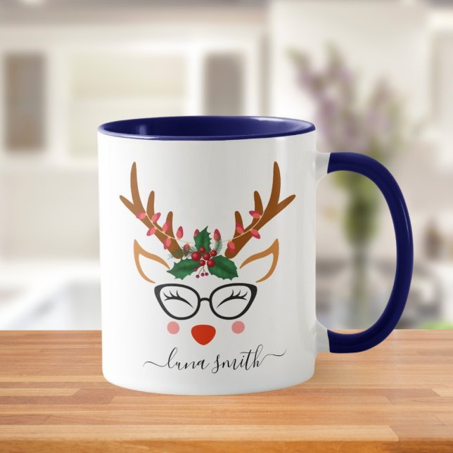 Mug Joyeux cadeau de Noël Cute Reindeer Visages Navy B (Créateur téléchargé)