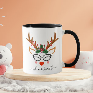Mug Joyeux cadeau de Noël Cute Reindeer Visages noir