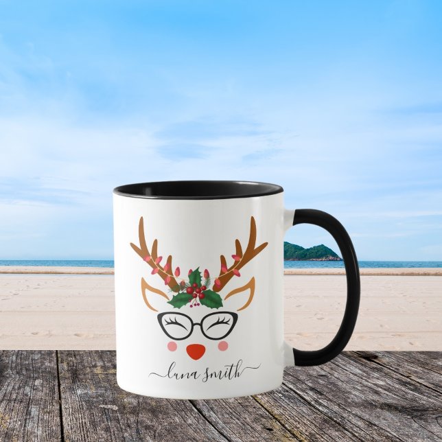 Mug Joyeux cadeau de Noël Cute Reindeer Visages noir (Créateur téléchargé)