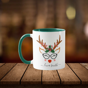 Mug Joyeux cadeau de Noël Cute Reindeer Visages vert
