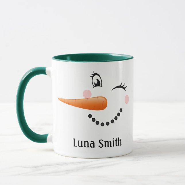 Mug Joyeux cadeau de Noël Happy Snowman visage vert (Gauche)