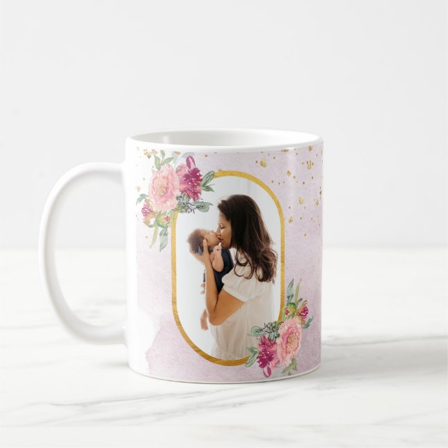 Mug Joyeux cadre photo floral rose-or de la fête des m (Gauche)