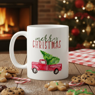 Mug Joyeux camionnette rouge de Noël aquarelle