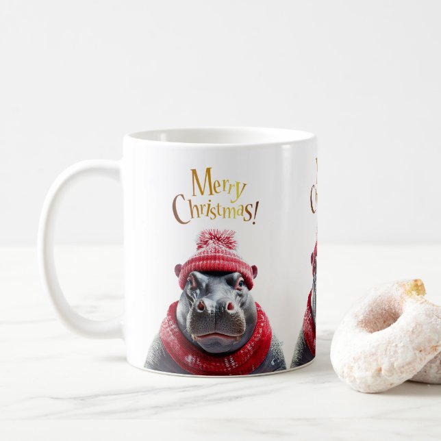 Mug Joyeux chapeau et foulard de Noël Hippo (Avec donut)