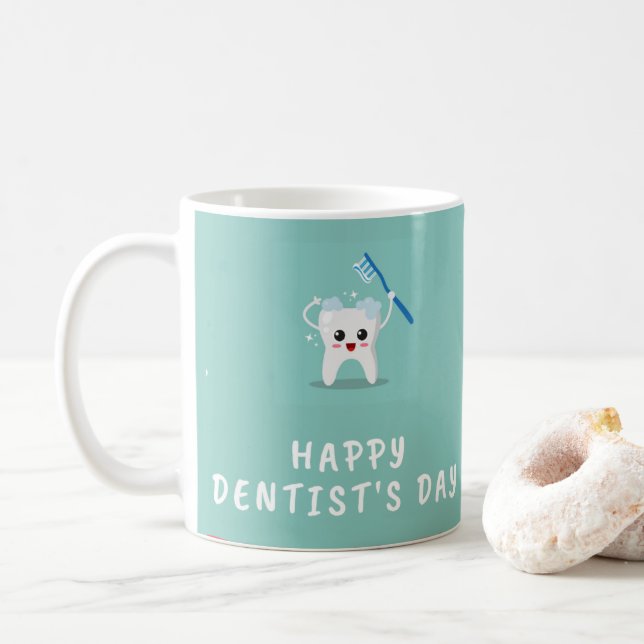 Mug Joyeux dentiste jour blanc texte turquoise (Avec donut)