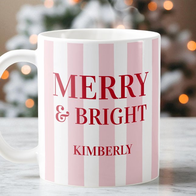 Mug Joyeux et lumineux Noël rose moderne rayé (Merry and Bright Modern Pink Striped Christmas Coffee Mug)