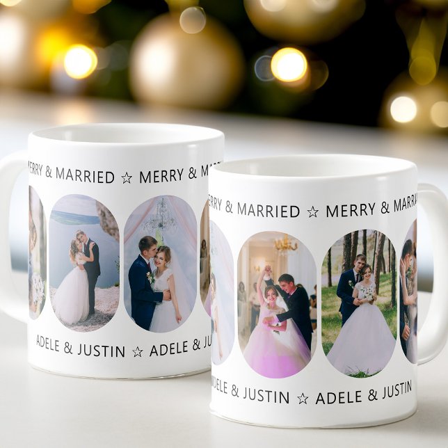 Mug Joyeux et marié 6 Lozenge arrondie Photo (Merry & Married 6 Photo First Christmas Married Mug from my Rounded Lozenge Photo Collage collection)