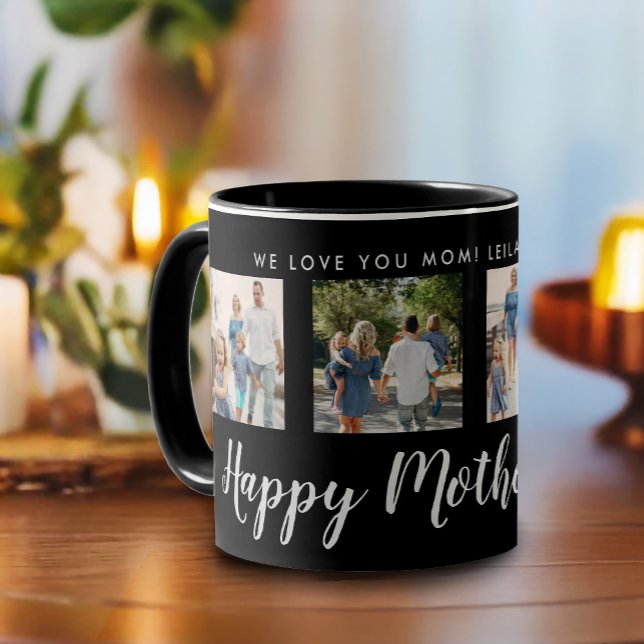 Mug Joyeux Fête des Mères Photo Collage Noir (Happy Mother's Day script font with 4 family photo slots along with a custom message)