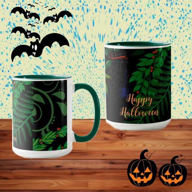 Mug Joyeux feuillage botanique Halloween vert foncé (Happy Halloween Dark Greenery Botanical Foliage Mug)