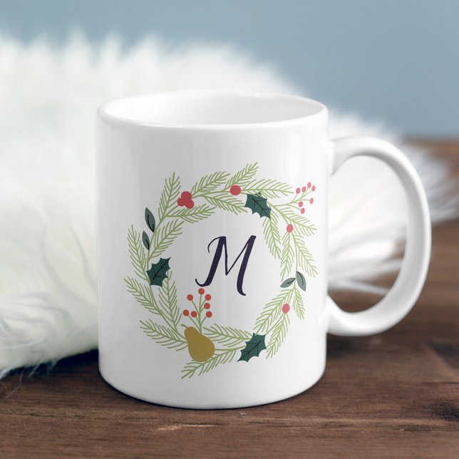 Mug Joyeux Foliage Holiday Wreath Monogramme (Créateur téléchargé)
