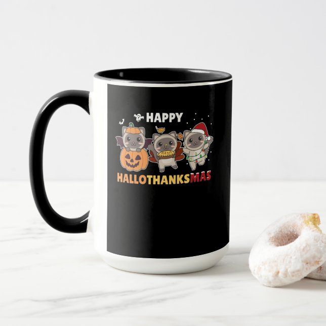 Mug Joyeux Hallothanksmas Cat Christmas Elephant (Avec donut)