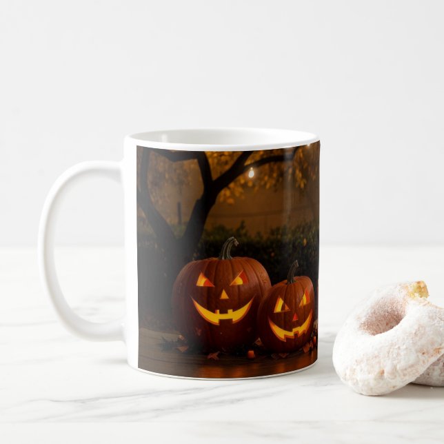 Mug Joyeux Halloween, de mignons Citrouilles sculptés (Avec donut)