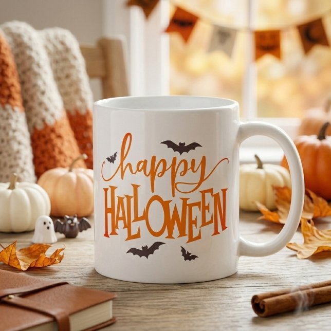 Mug Joyeux Halloween Orange Script avec Chauves-souris (Happy Halloween Orange Script with Black Bats Coffee Mug)