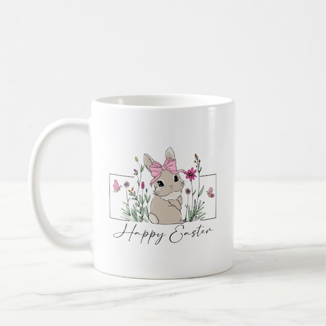 Mug Joyeux lapin de Pâques avec design floral et Bow r (Gauche)