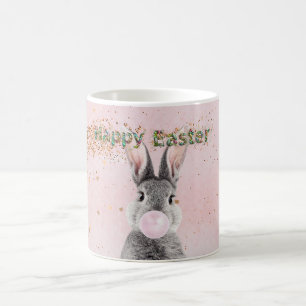 Mug Joyeux lapin de Pâques soufflant de la bulle rose 