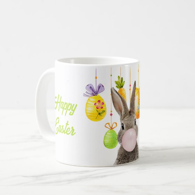 Mug Joyeux lapin de Pâques soufflant rose bulle gomme (Devant gauche)