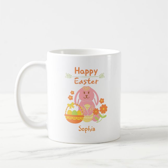 Mug Joyeux lapin rose de Pâques et fleurs (Gauche)