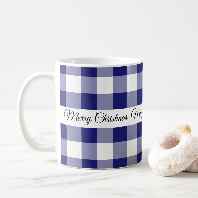 Mug Joyeux Noël à carreaux bleus rustiques  (Avec donut)
