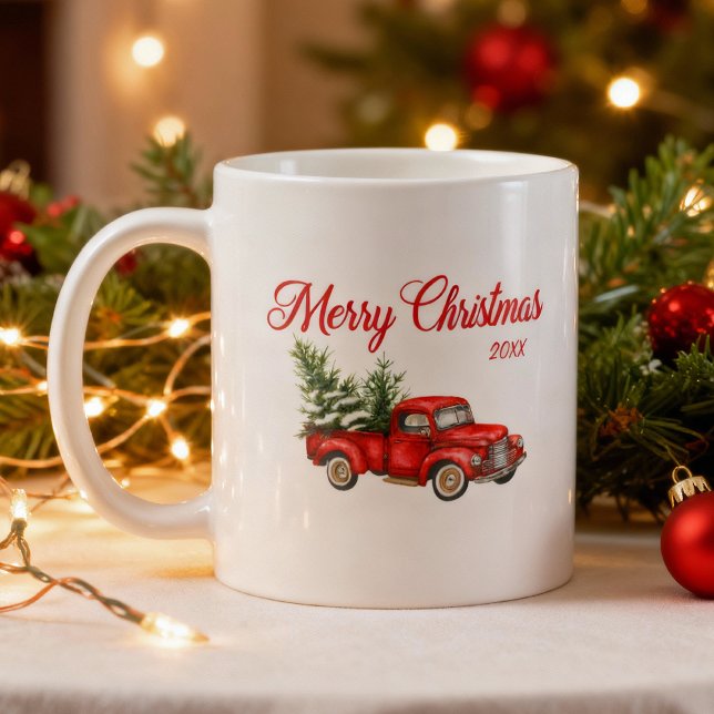 Mug Joyeux Noël Aquarelle Vintage Camion rouge (Créateur téléchargé)